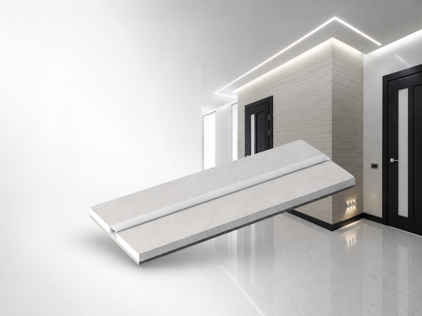 Semilavorato lineare in cartongesso con profilo LED integrato accanto a una linea luminosa realizzata in un soffitto interno.